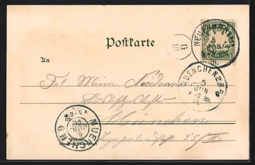 Lithographie Neufahrn i. Ergoldsbach, Bahnhof, Houzer`sche Thonwarenfabrik, Kirche