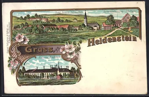 Lithographie Heldenstein / Inn, Kloster Bachham, Reiterische Handlung, Schulhaus