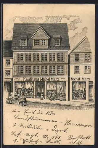 Lithographie Weidenau / Siegen, Kaufhaus Michel Marx mit Auto
