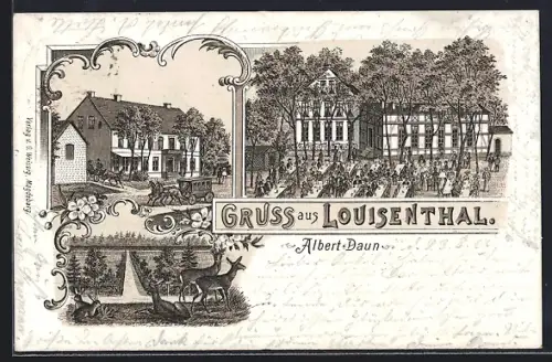 Lithographie Louisenthal / Pechau, Gasthof von Albert Daun mit Kutschen und Besuchern