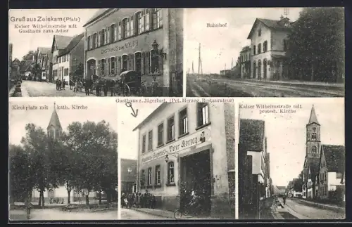 AK Zeiskam, Bahnhof, Kaiser Wilhelmstrasse mit Gasthaus zum Adler, Kirchplatz mit kath. Kirche, Gasthaus zur Jägerlust