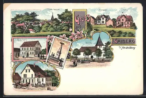 Lithographie Gaiberg b. Heidelberg, Gasthaus zur Krone, Schulhaus, Kirche und Totalansicht