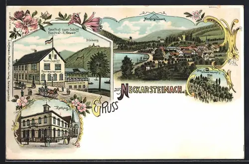 Lithographie Neckarsteinach, Gasthof zum Schiff, Burg Schwalbennest, Rathaus