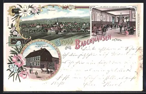 Lithographie Badenhausen am Harz, Gasthaus von Wilh. Klapproth, Im Krug zum grünen Kranze, Totalansicht
