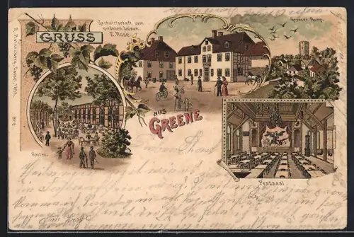 Lithographie Greene, Gasthaus Zum goldenen Löwen mit Festsaal und Garten, Greener Burg