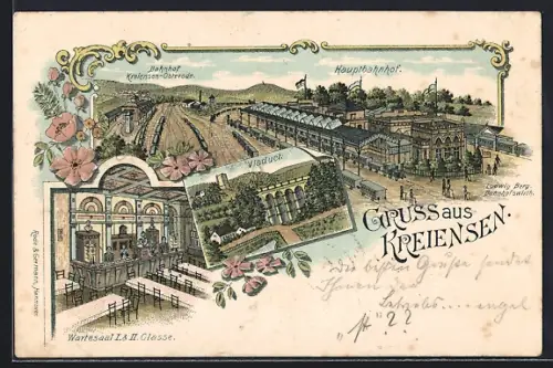 Lithographie Kreiensen, Bahnhof mit Restaurant von Ludwig Berg, Hauptbahnhof und Viaduct