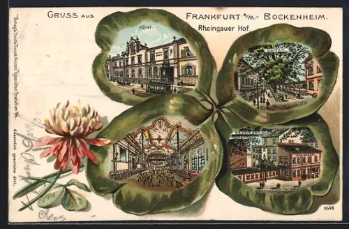 Passepartout-Lithographie Frankfurt-Bockenheim, Hotel Rheingauer Hof, Kegelbahn, Saal und Garten