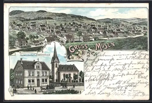 Lithographie Müsen, Gasthaus von H. Nockemann mit Totalansicht