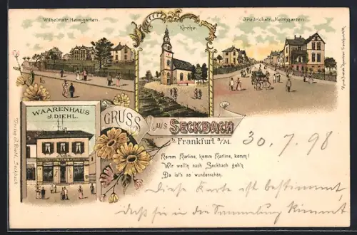 Lithographie Seckbach b. Frankfurt a. M., Waarenhaus J. Diehl, Heimgarten in der Wilhelmstrasse, Kirche