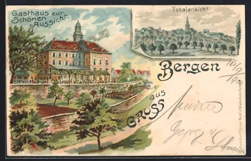Lithographie Bergen / Hanau, Gasthaus zur Schönen Aussicht, Totalansicht