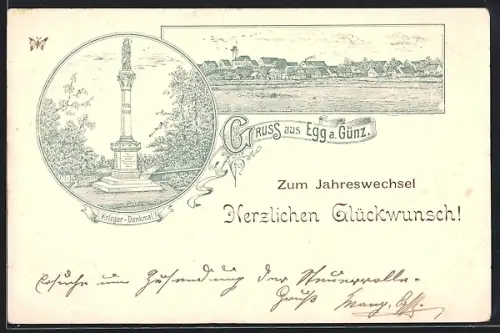 Lithographie Egg a. Günz, Krieger-Denkmal und Totalansicht, Neujahrsgruss