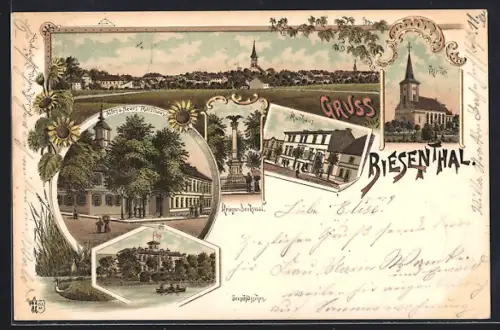Lithographie Biesenthal / Mark, Kurhaus, Kriegerdenkmal, Seeschlösschen, Ruderboot