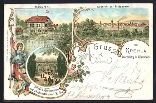 Lithographie Moritzberg b. Hildesheim, Meyer`s Restaurant Krehla, Ortspanorama