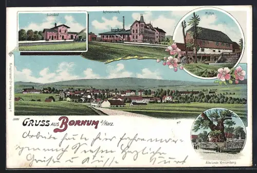 Lithographie Bornum a. Harz, Bahnhof, Achsenwerk, Mühle