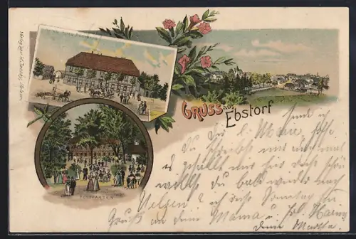 Lithographie Ebstorf, Hotel Altes Posthaus mit Postgarten, Totalansicht vom Hügel aus