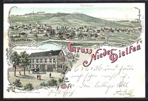 Lithographie Nieder-Dielfen, Gasthof Gustav Heupel