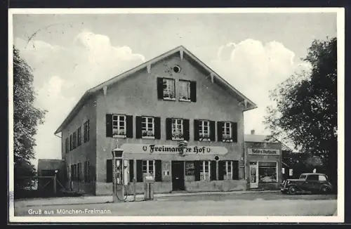 AK München-Freimann, Gasthaus Freimanner Hof, Inh. Josef Berchtold mit Tanksäule