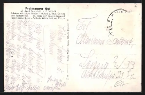 AK München-Freimann, Gasthaus Freimanner Hof, Inh. Josef Berchtold mit Tanksäule