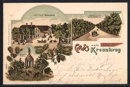 Lithographie Schlangen, Gasthaus Forsthaus Kreuzkrug, Hermanns-Denkmal