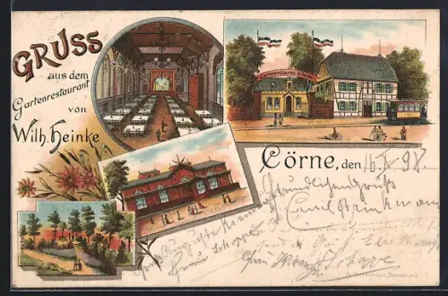 Lithographie Körne, Garten-Restaurant von Wilh. Heinke, Innen- und Aussenansicht