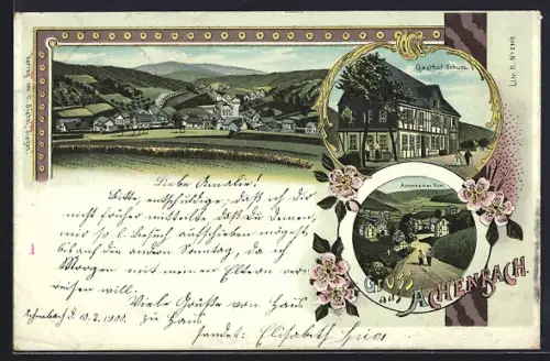 Lithographie Achenbach / Siegen, Gasthof Schuss, Achenbacher Furt