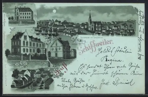 Mondschein-Lithographie Schiffweiler, Apotheke, Rathaus, Schwesternhaus