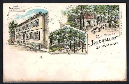Lithographie Grünstadt / Pfalz, Hotel Zur Jacobslust, Garten mit Pavillon