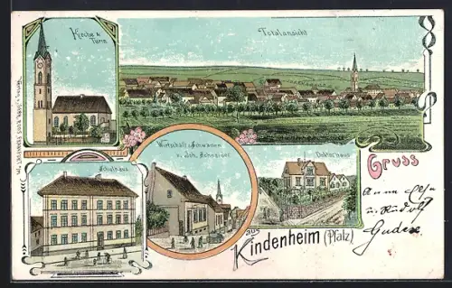 Lithographie Kindenheim / Pfalz, Schulhaus, Doktorhaus, Wirtschaft z. Schwanen, Kirche