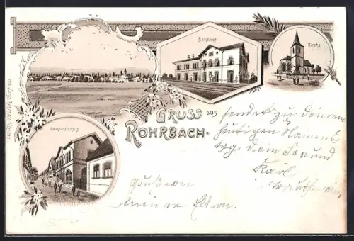 Lithographie Rohrbach / Pfalz, Gemeindehaus, Bahnhof, Kirche