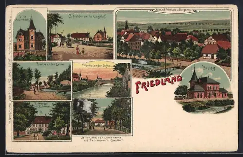 AK Friedland / Leine, Bahnhof, C. Feldmann`s Gasthof, Rittergut von Scheen, Lindenallee