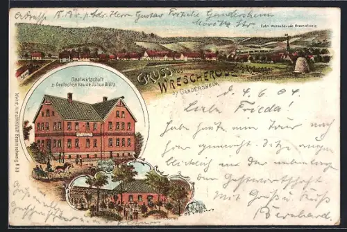 Lithographie Wrescherode b. Gandersheim, Gasthaus z. deutschen Hause, Inh. Julius Blötz