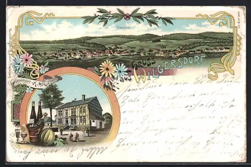 Lithographie Wilgersdorf, Gasthof v. H. Müller, Ortspanorama