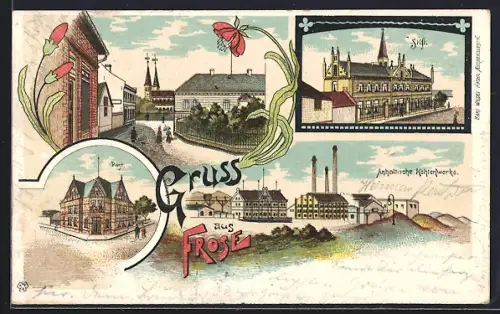Lithographie Frose, Post, Stift, Ortspartie und Anhaltische Kohlenwerke