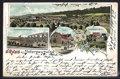 Lithographie Unterneusulza, Geschäftshaus Försten, Schule, Curvenbrücke & Kleinheringen
