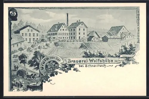 Lithographie Schnaittach, Blick zur Brauerei Wolfshöhe