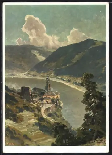 Künstler-AK Dürnstein in der Wachau, Ortsansicht mit See