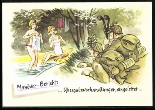 Künstler-AK Bundeswehr-Soldaten mit Scheren-Fernrohr beobachten halbnackte Damen beim Baden