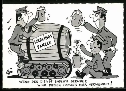 AK Soldaten trinken Bier aus Fass auf Gleisketten