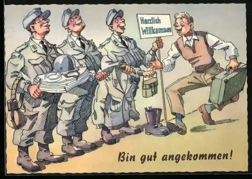 Künstler-AK Gemusterter erscheint bei der Bundeswehr zum Einkleiden, Soldaten-Humor
