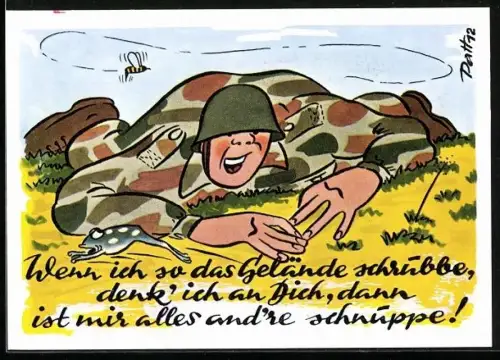 Künstler-AK Soldat in Tarnuniform beim Robben, Soldaten-Humor