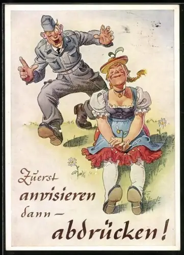 AK Bundeswehr-Soldat & blonde Frau in Tracht