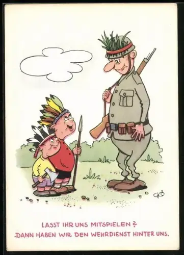 Künstler-AK Soldat mit getarnten Helm trifft auf zwei Jungen beim Indianer-Spielen, Soldaten-Humor