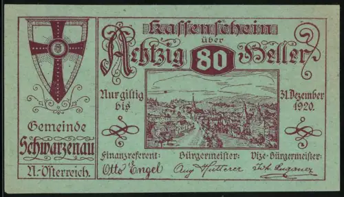 Notgeld Schwarzenau 1920, 80 Heller, Stadtansicht und Wappen