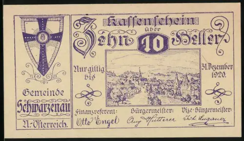 Notgeld Schwarzenau 1920, 10 Heller, Stadtansicht und Wappen