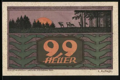 Notgeld St. Johann am Walde 1920, 99 Heller, Sonnenuntergang mit Hirschen im Wald