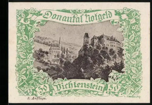 Notgeld Vichtenstein, 50 Heller, Burgansicht mit umlaufendem Blumendekor