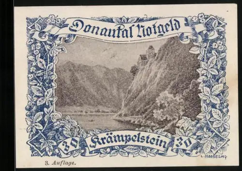 Notgeld Vichtenstein, 30 Heller, Landschaftsansicht von Krämpelstein mit floralem Rahmen