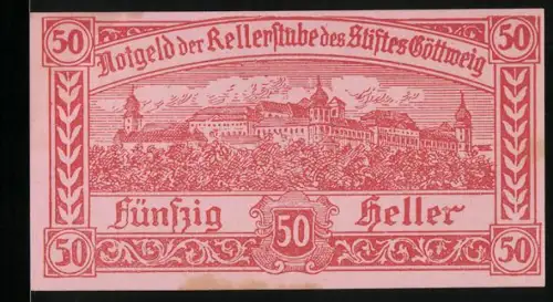 Notgeld Göttweig 1920, 50 Heller, Klosteransicht und Kreuz über Hügeln