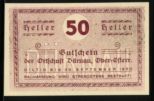 Notgeld Dürnau 1920, 50 Heller, Textgestaltung mit Gültigkeitsdatum und Warnung vor Nachahmung