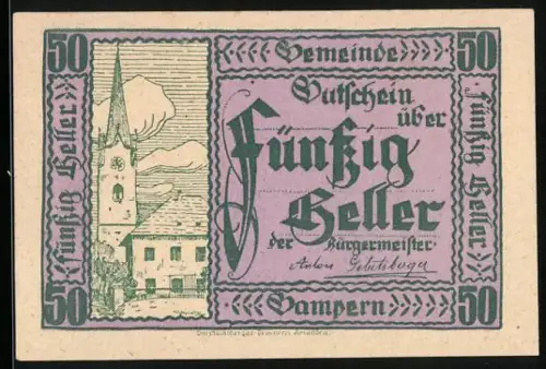 Notgeld Gampern 1920, 50 Heller, Kirche und Gebäude vor Berglandschaft